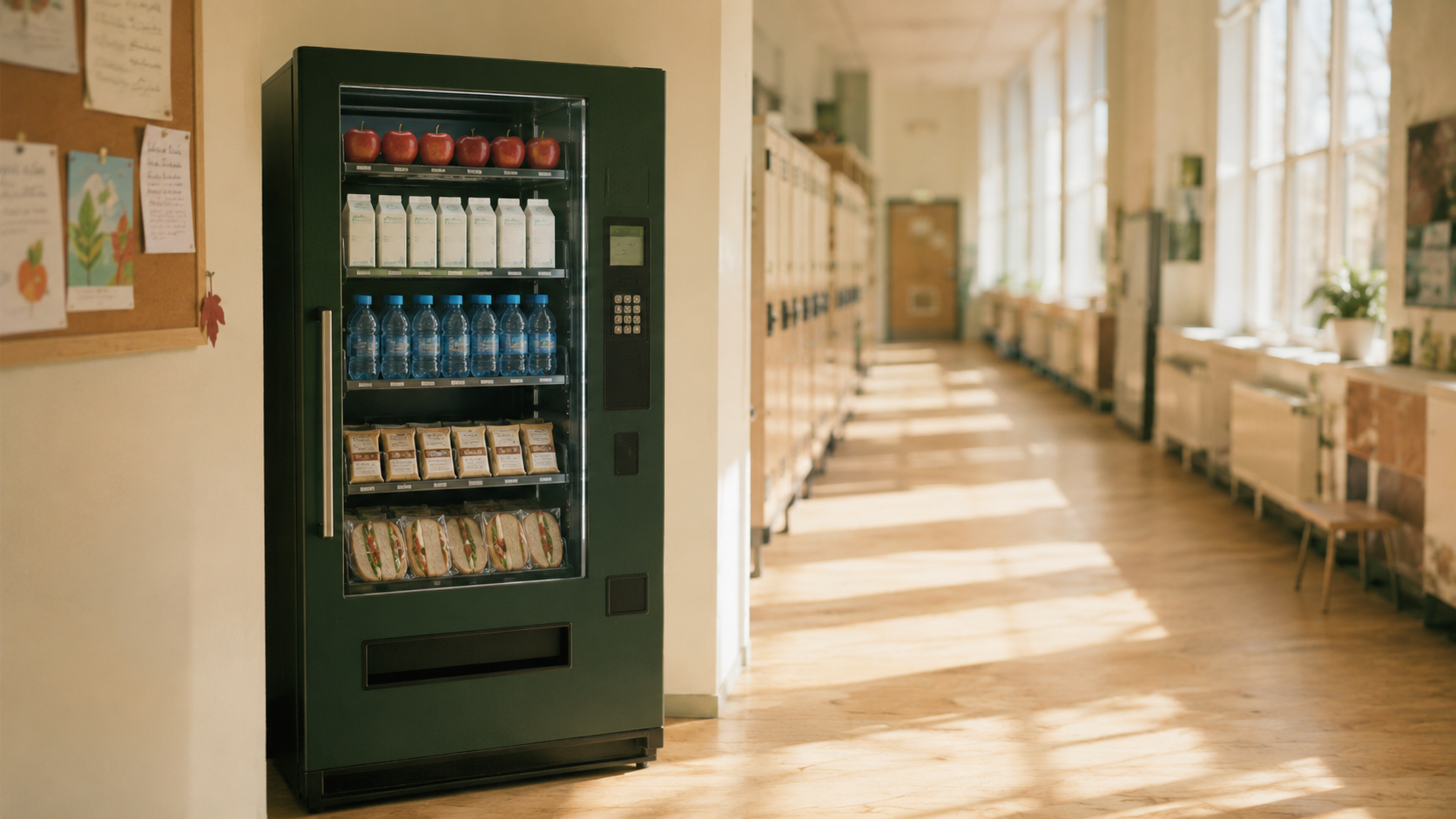 Varuautomat i skolans skolkorridor — installerad på svensk skola